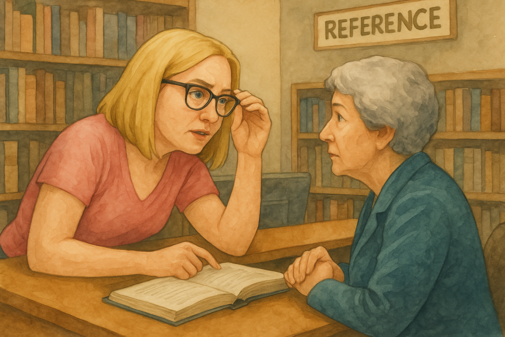 Library whisper: Lynette at the Franklin Library, whispering with the archivist about the covenant rumors.