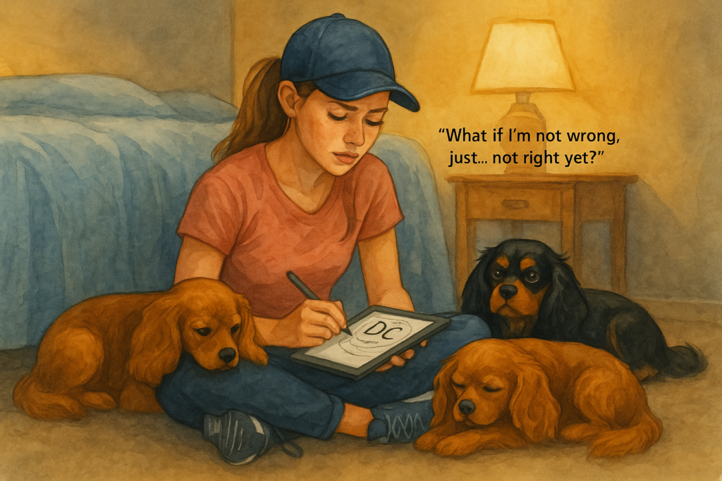 Sawyer siting in the floor with her cavaliers, Riggins, Russo, and Rafa, lying all around her. She is doodling on her Kindle Scribe. She has doodled the initials "DC".