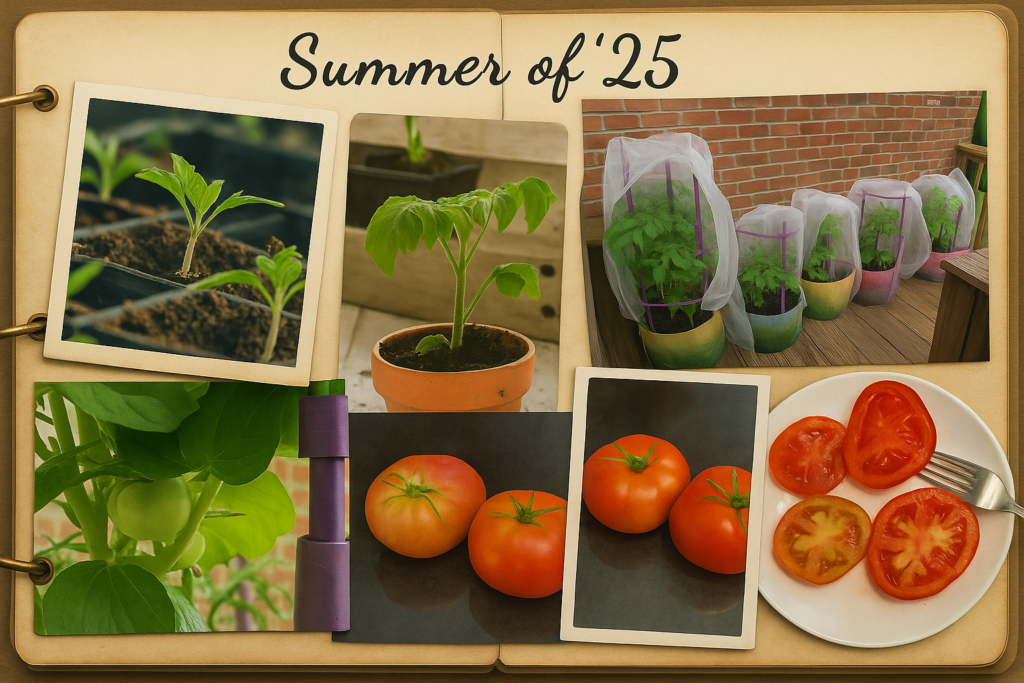 To show the progress and growth of tomatoes and of personal healing. Tomato seedlings in trays - new growth, new beginnings. Young tomato plant in clay pot - nurturing life. Tomato plants in grow bags - community and growth. Green tomato on the vine - the promise of fruit. Ripe tomatoes on the counter - harvest and reward. Sliced tomatoes on plate - sharing the fruits of labor. 