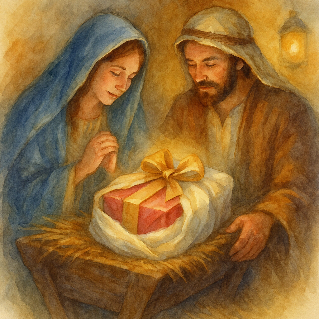 Mary and Joseph at the manger, with a Christmas gift wrapped in swaddling clothes symbolizing the gift of Jesus.
