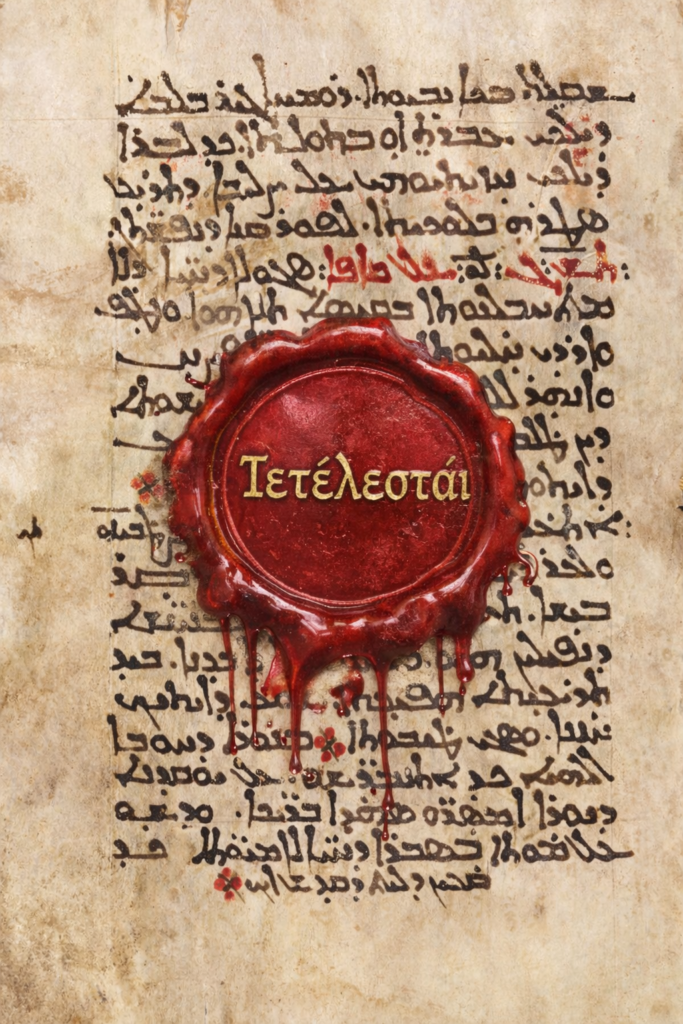Aged parchment manuscript sealed with red wax stamped with the Greek word "Tetelestai."