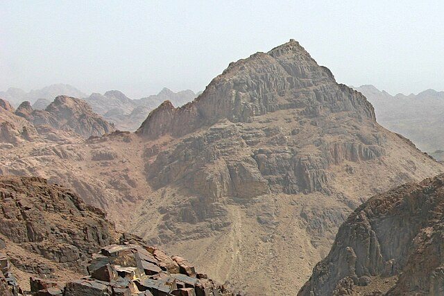 A view of Mount Sinai in Egypt from the southwest; traditionally identified as the place where Moses received the Ten Commandments