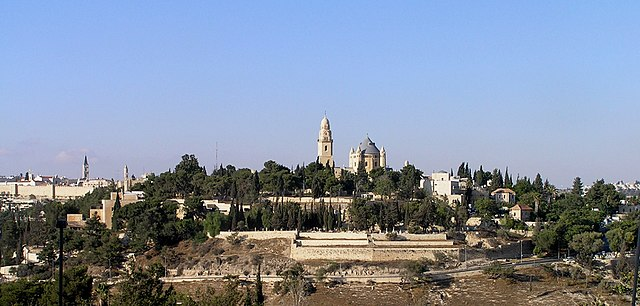 Mount Zion hill in Jerusalem viewed from Abu Tor with the Dormition Abbey on the skyline