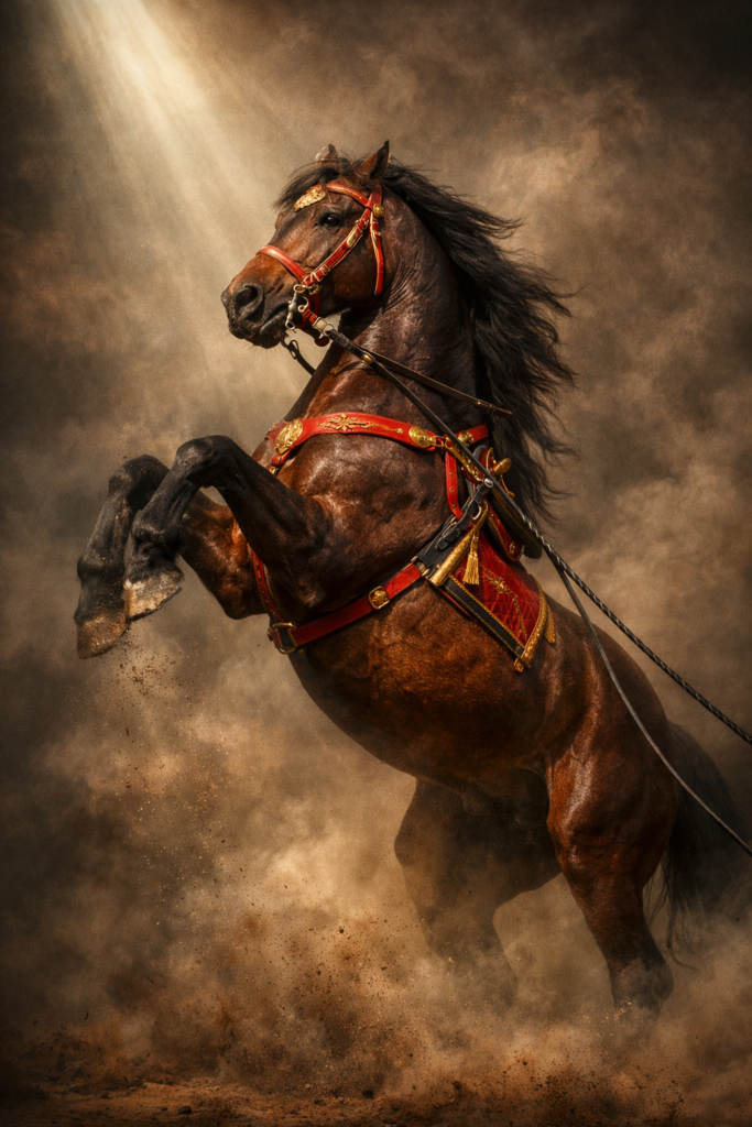 Chocolate colored warhorse with wavy black mane rearing up. Horse is harnessed in red and gold with black reins. Light from above illuminates the horse's head and chest.