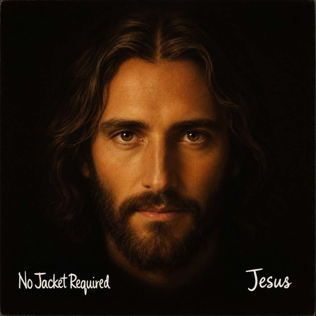 Jesus portrait styled like Phil Collins’ No Jacket Required album cover with the words “No Jacket Required” and “Jesus” on a dark background.