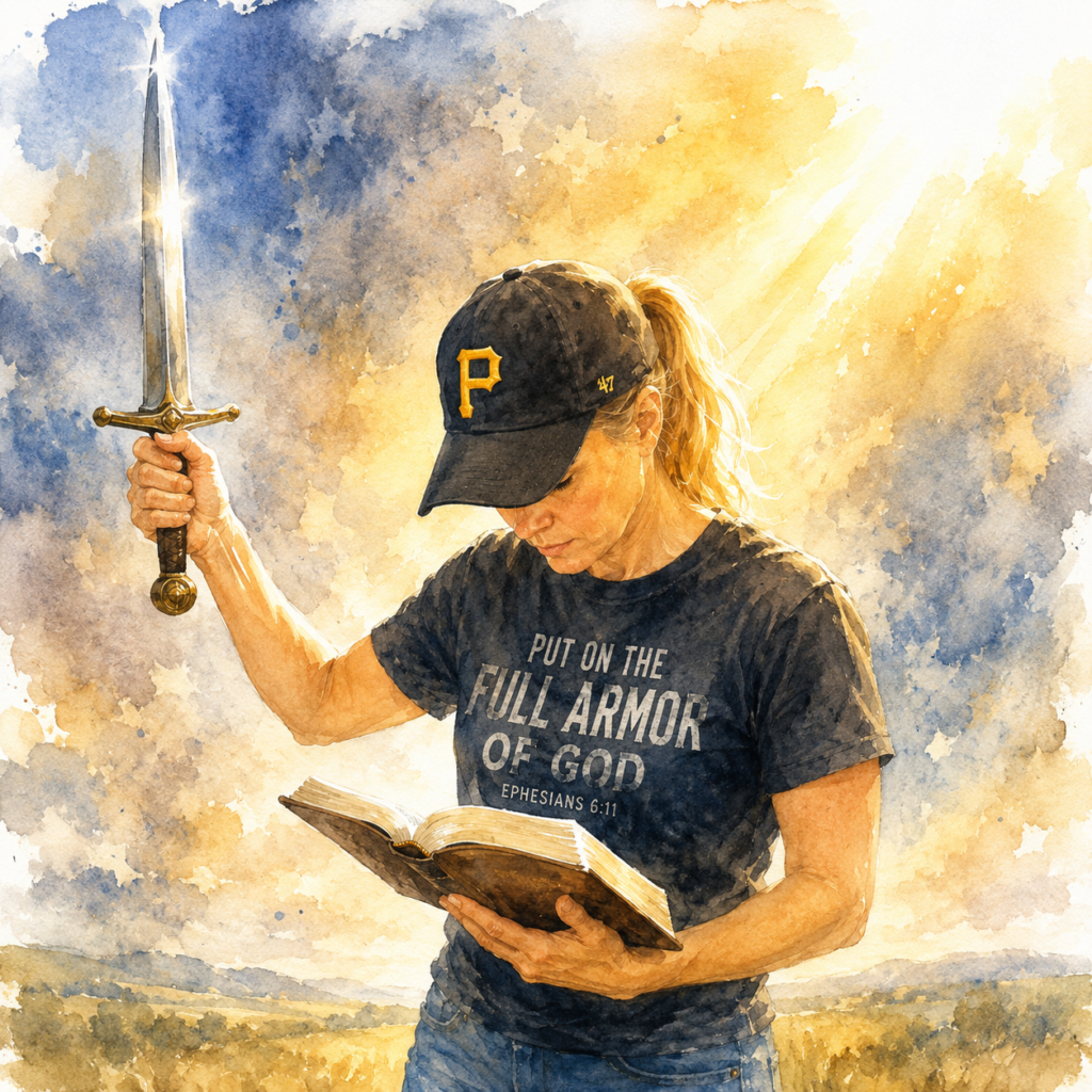 Watercolor illustration of a woman holding an open Bible and raising a sword, representing the Sword of the Spirit and searching Scripture for truth.